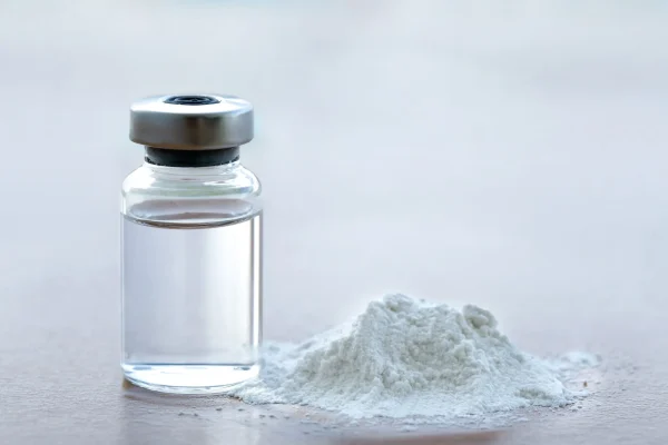 Fine white ketamine powder displayed alongside a pharmaceutical bottle containing liquid ketamine, a premium product by Psychedelic Deals