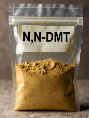 A transparent laboratory bag filled with high-purity N,N-DMT in its authentic brown powder form, featuring a clear N,N-DMT label in black ink.