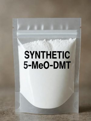 A secure, transparent bag containing high-purity Synthetic 5-MeO-DMT white crystals, clearly labeled with Synthetic 5-MeO-DMT in bold black lettering.
