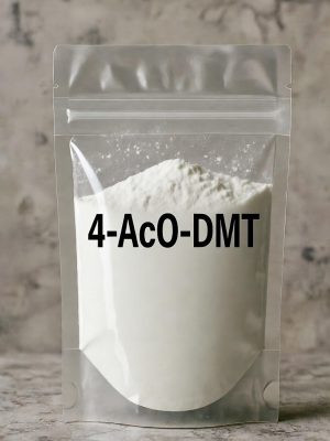 A secure, transparent white bag containing high-purity 4-AcO-DMT white crystalline powder, clearly labeled with 4-AcO-DMT in bold black lettering.