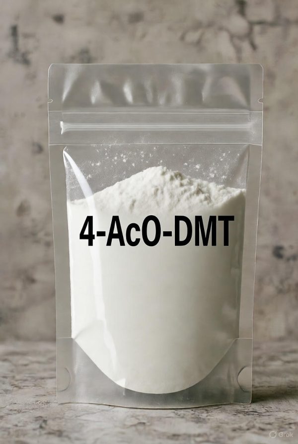 A secure, transparent white bag containing high-purity 4-AcO-DMT white crystalline powder, clearly labeled with 4-AcO-DMT in bold black lettering.