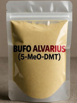 A transparent bag containing high-potency 5-MeO-DMT (Bufo alvarius) in its natural brownish form, clearly labeled with 5-MeO-DMT (Bufo alvarius) in bold black text.