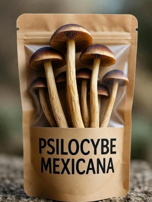 A white Discretely bag showcasing dried Psilocybe Mexicana Mushroom with the name printed in black on the label.