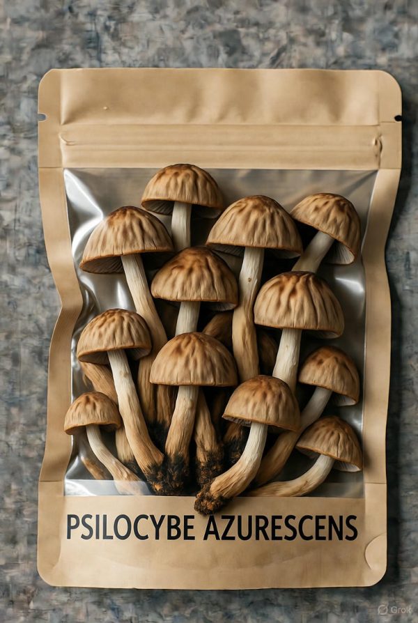 Dried Psilocybe Azurescens Mushroom Packaging A transparent bag containing dried Psilocybe Azurescens mushrooms with labeled black text on the packaging.