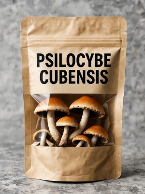 A white Discrete bag containing dried Psilocybe Cubensis mushrooms with black text labeling at the top and bottom.