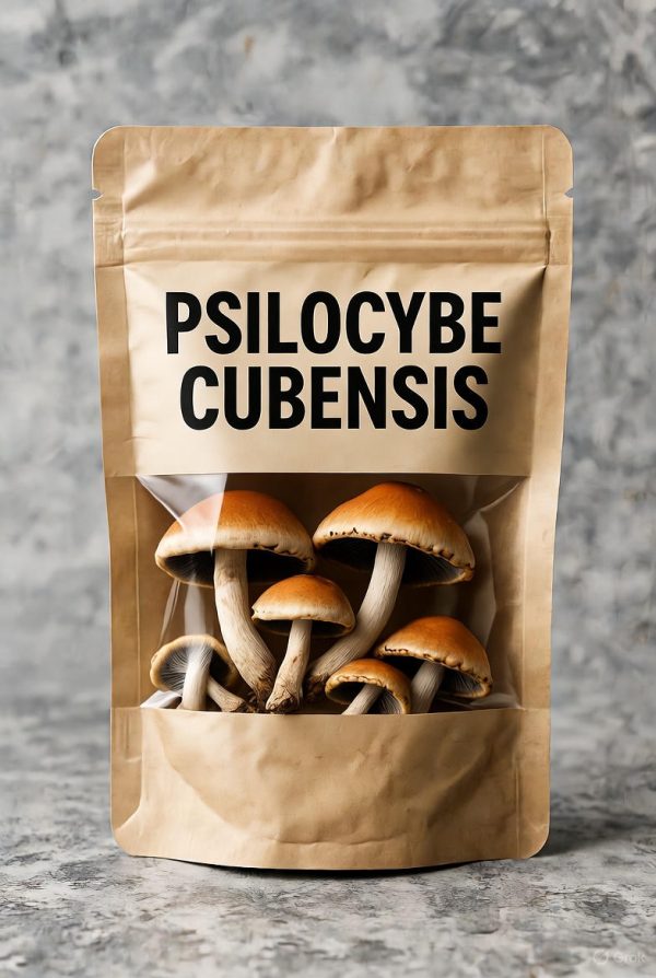 Dried Psilocybe Cubensis Mushroom in Clear Lab Packaging A white Discrete bag containing dried Psilocybe Cubensis mushrooms with black text labeling at the top and bottom.