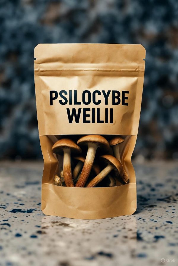 Premium Dried Psilocybe Weilii Botanical Specimen Bag A white transparent bag containing dried Psilocybe Weilii mushrooms, featuring black text and a detailed mushroom illustration on the professional packaging.