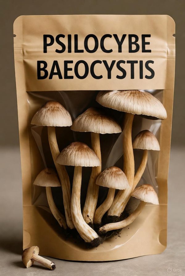 Psilocybe Baeocystis dried mushrooms in a transparent white bag with label and visible mushroom sample inside