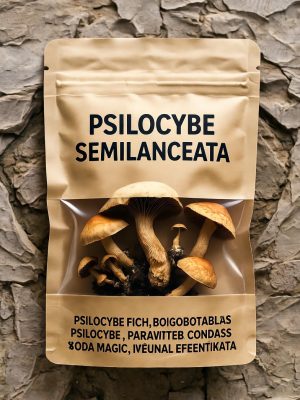 A white transparent bag containing dried Psilocybe Semilanceata Mushroom with black labeling and a matching mushroom illustration.