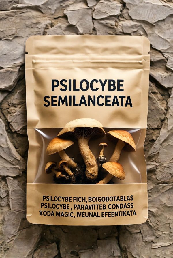 A white transparent bag containing dried Psilocybe Semilanceata Mushroom with black labeling and a matching mushroom illustration.