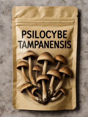 A high-clarity transparent bag containing dried Psilocybe Tampanensis magic mushrooms, featuring a professional label with the name Psilocybe Tampanensis and a detailed mushroom illustration.