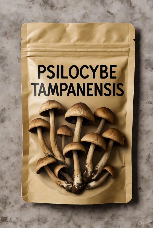 Psilocybe Tampanensis A high-clarity transparent bag containing dried Psilocybe Tampanensis magic mushrooms, featuring a professional label with the name Psilocybe Tampanensis and a detailed mushroom illustration.