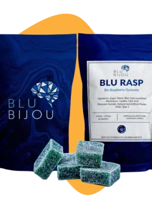 BLU RASP Psilocybin Gummies in vibrant blue raspberry packaging, premium microdose edibles on white background