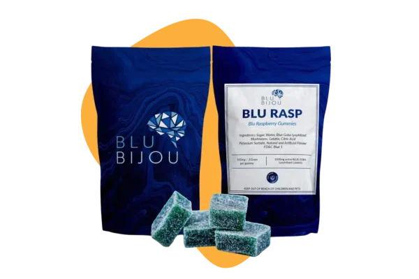 BLU RASP Psilocybin Gummies in vibrant blue raspberry packaging, premium microdose edibles on white background