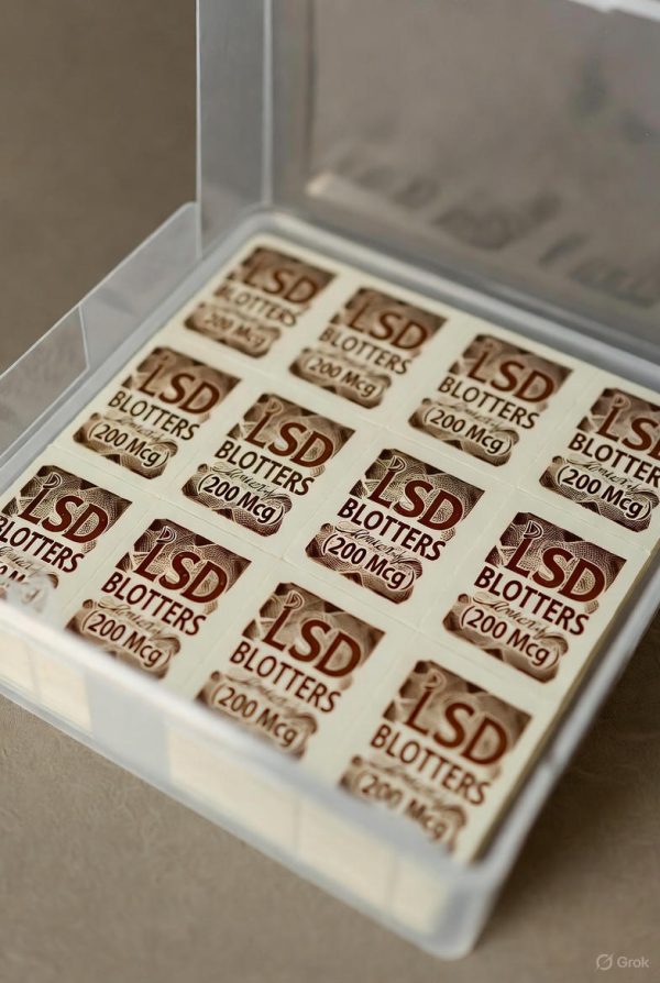 Professional white packaging containing a sheet of LSD Blotters with visible perforated squares and vibrant psychedelic artwork.