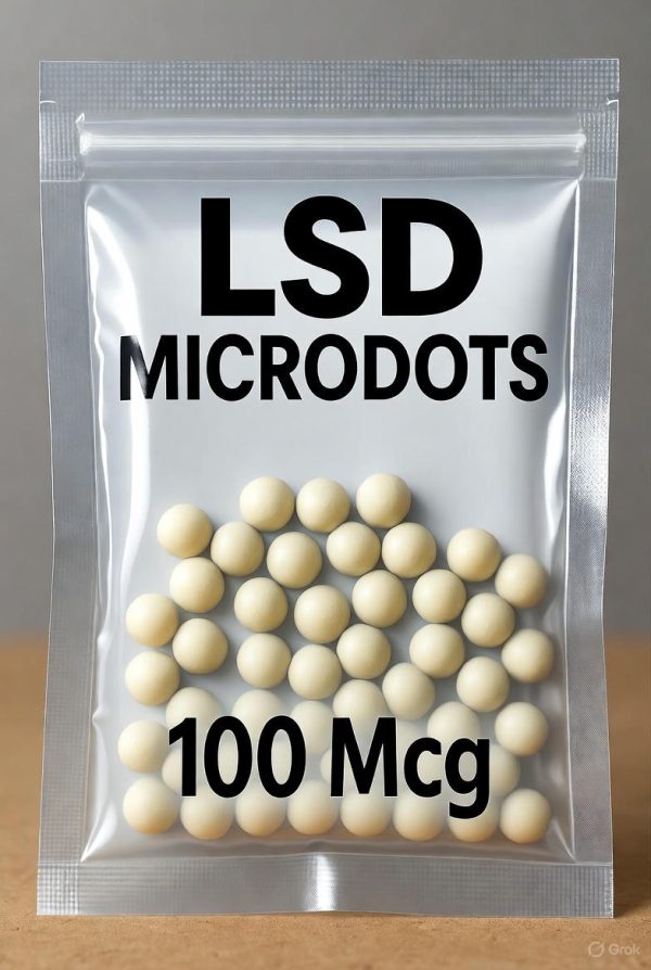 A white resealable bag filled with tiny LSD Microdots, clearly labeled with the text LSD Microdots 100 Mcg in bold black font.