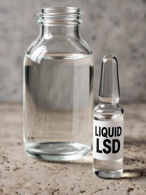 Two transparent glass bottles filled with clear Liquid LSD, featuring a small dropper bottle labeled Liquid LSD in black text next to a larger refill bottle.