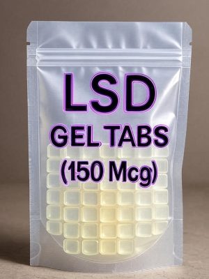 A white resealable bag filled with LSD Gel Tabs featuring a light blue label that reads LSD GEL TABS (15Mcg).