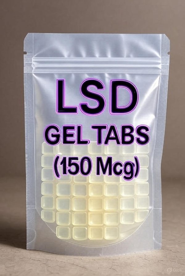 A white resealable bag filled with LSD Gel Tabs featuring a light blue label that reads LSD GEL TABS (15Mcg).