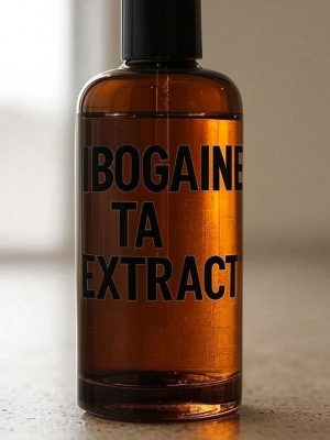 Golden bottle labeled Ibogaine Total Alkaloid Extract containing Ibogaine Total Alkaloid Extract inside