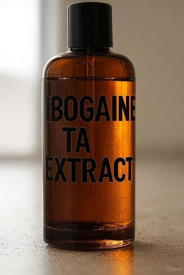Golden bottle labeled Ibogaine Total Alkaloid Extract containing Ibogaine Total Alkaloid Extract inside