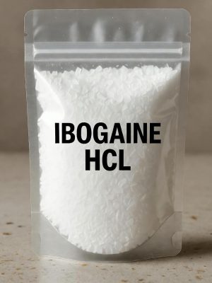 Transparent sealed plastic bag labeled ibogaine HCL showing ibogaine HCL inside