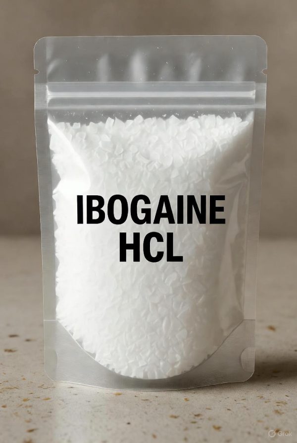 Transparent sealed plastic bag labeled ibogaine HCL showing ibogaine HCL inside