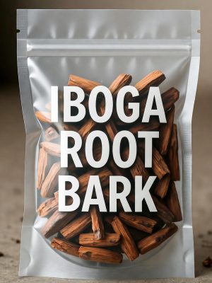 A white plastic bag containing high-quality Iboga Root Bark shavings with the product name Iboga Root Bark printed clearly in white.
