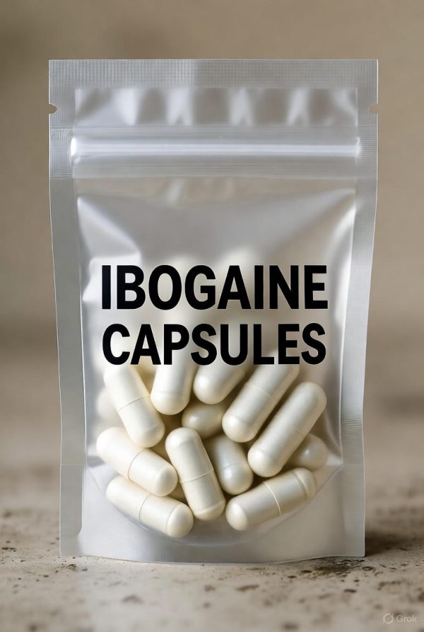 Transparent sealed plastic bag labeled ibogaine capsules containing ibogaine capsules inside