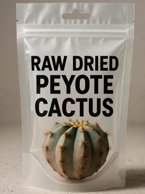 Transparent sealed plastic bag labeled Raw Peyote Cactus containing dried Raw Peyote Cactus inside