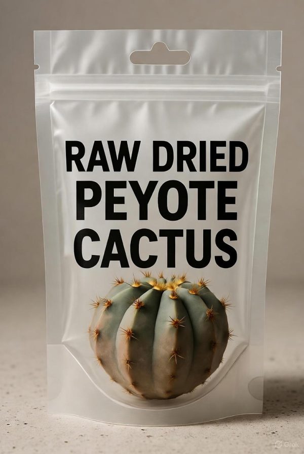 Transparent sealed plastic bag labeled Raw Peyote Cactus containing dried Raw Peyote Cactus inside