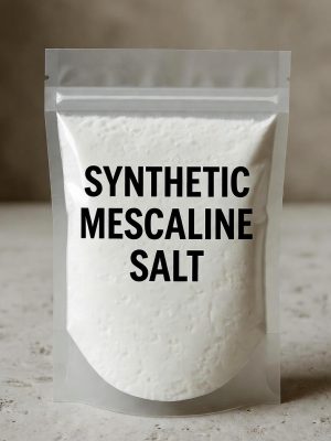 Transparent sealed plastic bag labeled synthetic mescaline HCl salt in black text