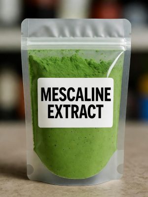 Transparent sealed plastic bag labeled Mescaline Extract showing greenish Mescaline Extract inside