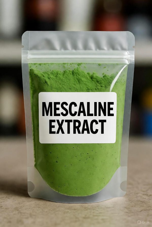 Transparent sealed plastic bag labeled Mescaline Extract showing greenish Mescaline Extract inside