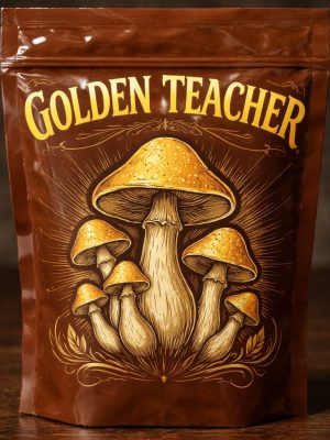 A brown plastic package featuring bold white "Golden Teacher" text and a mushroom illustration, containing dried Golden Teacher mushrooms.