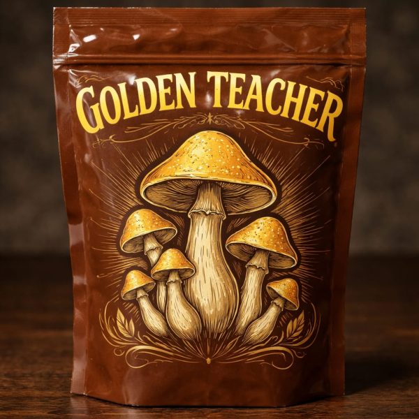 Premium Dried Golden Teacher Mushroom A brown plastic package featuring bold white "Golden Teacher" text and a mushroom illustration, containing dried Golden Teacher mushrooms.
