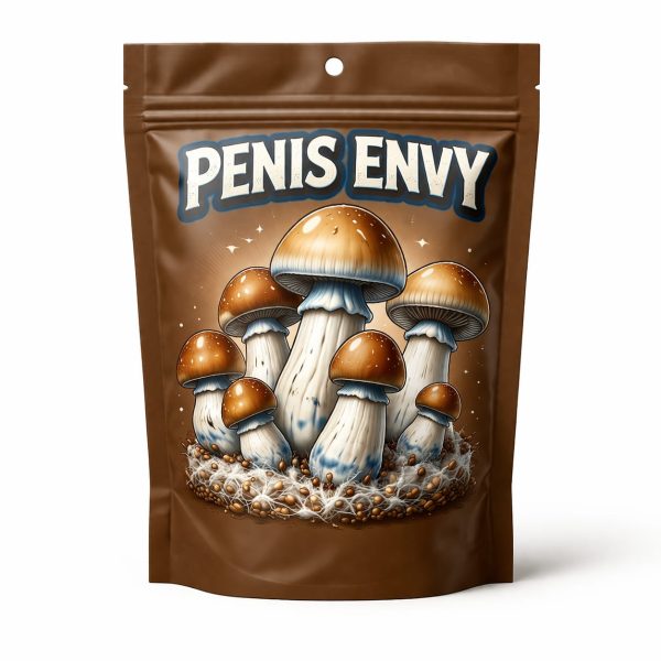 penis envy mushrooms at psychedelic deals Brown plastic bag containing dried Penis Envy magic mushrooms with bold white "Penis Envy" text and Penis Envy mushroom illustration on the packaging.